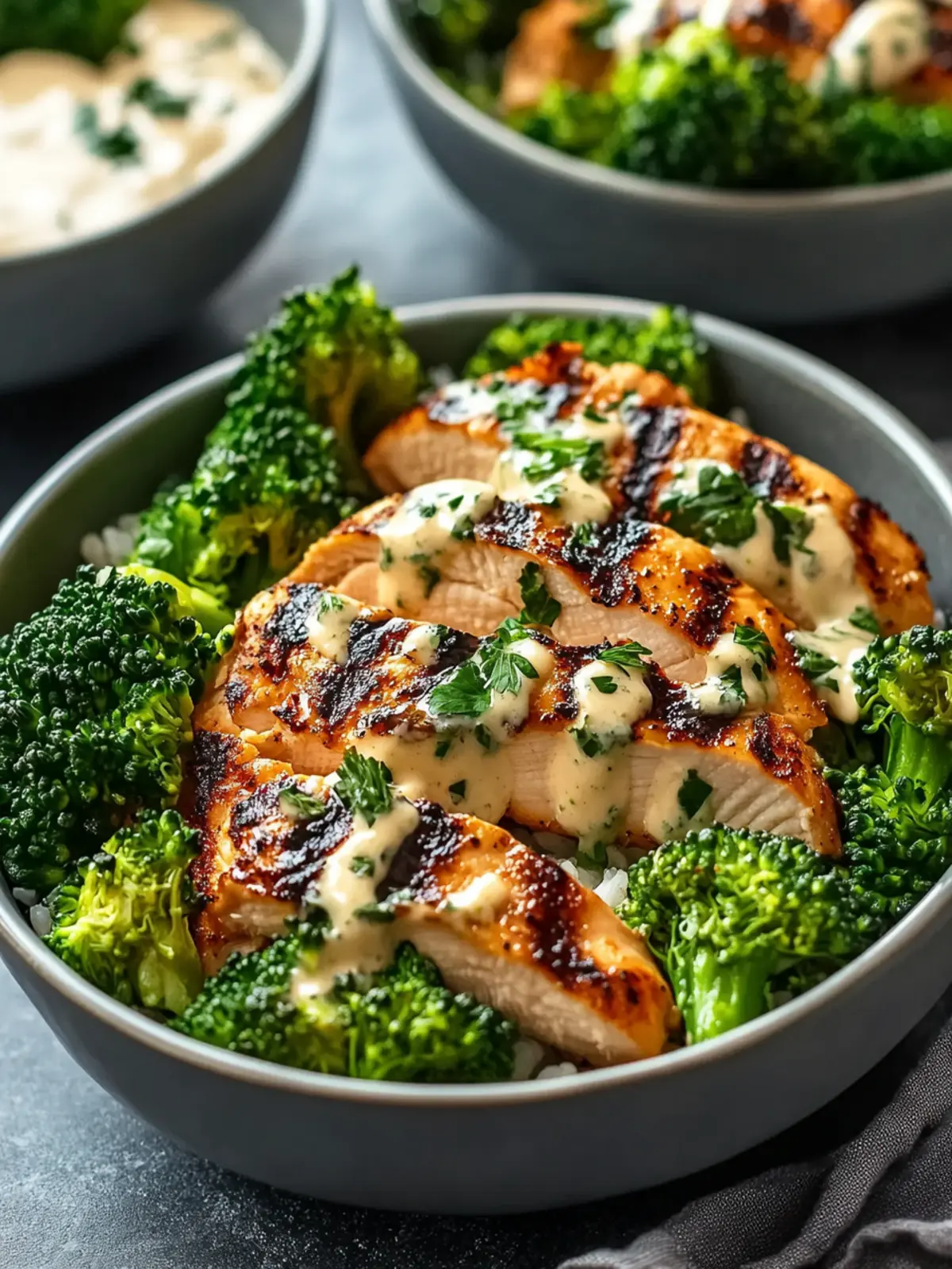 Grilled Chicken & Broccoli Bowls with Creamy Garlic Sauce