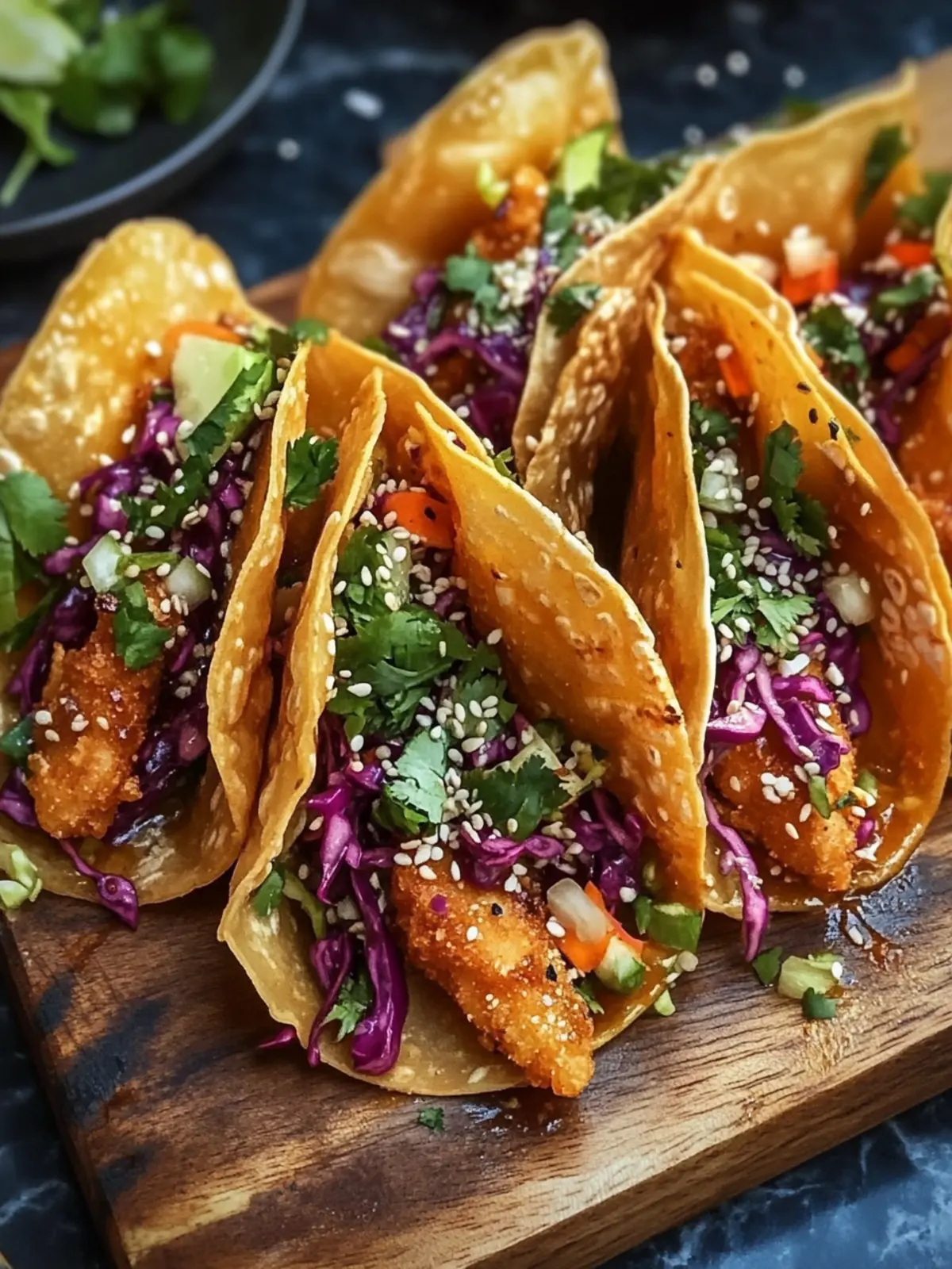 Crispy Chicken Wonton Tacos with Asian Slaw