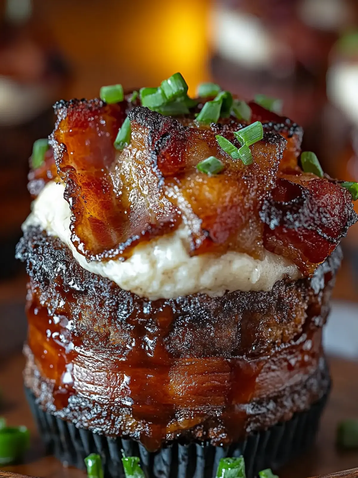 Smoky Bourbon BBQ Beef Bacon-Wrapped Meatloaf Cupcakes