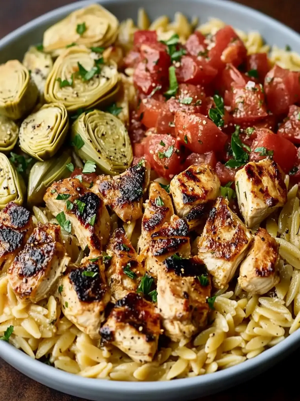 Greek Chicken Orzo with Artichokes & Fresh Vegetables
