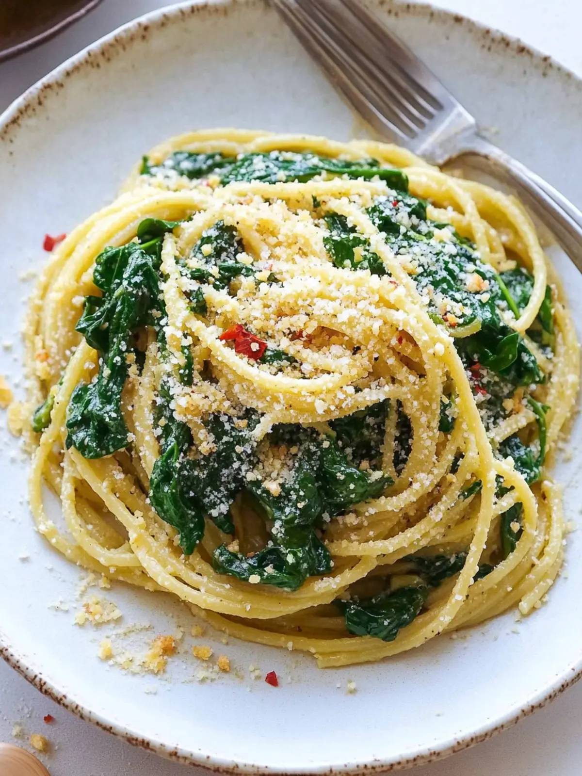Spinach Spaghetti with garlic crumbs