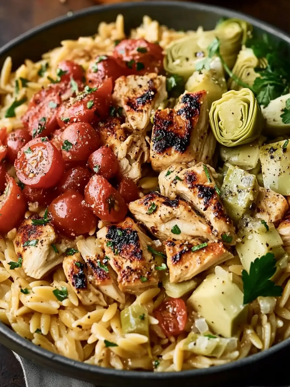 Greek Chicken Orzo with Artichokes & Fresh Vegetables