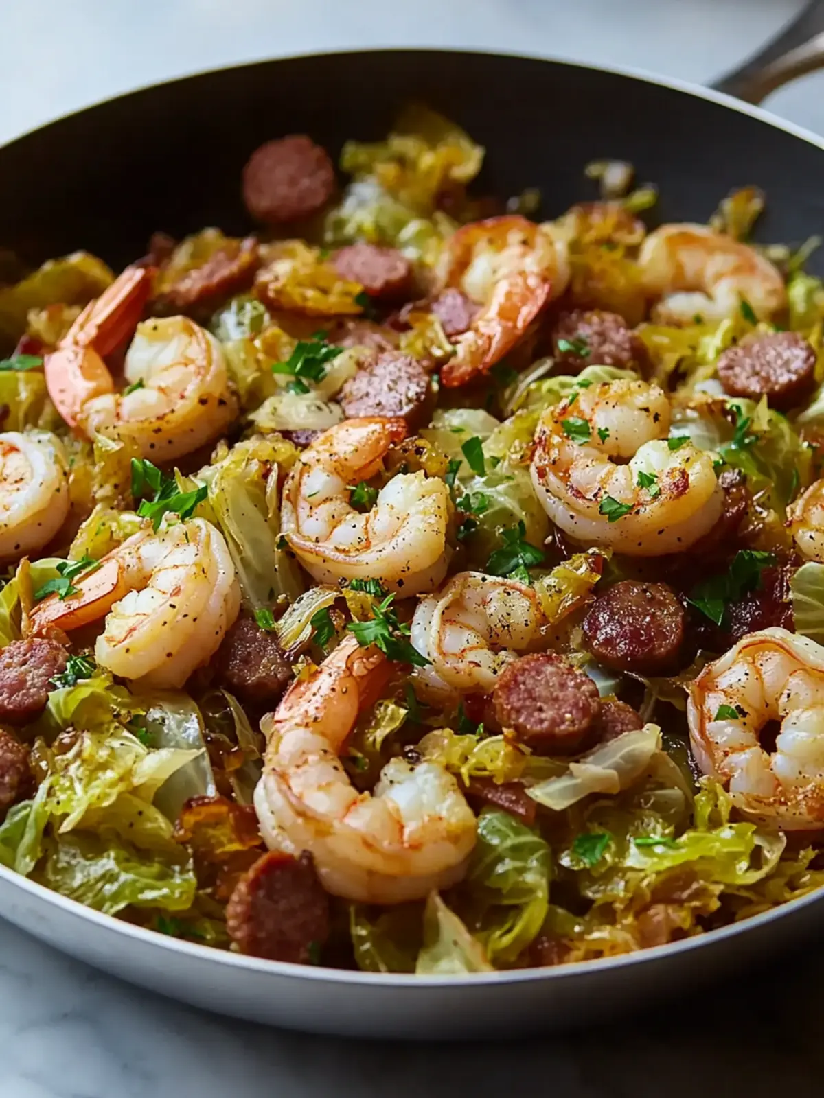 Fried Cabbage with Shrimp, Sausage & Bacon