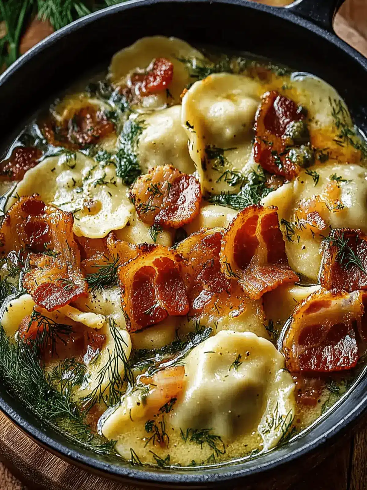 Smoky Pierogi Soup with Bacon, Chicken Sausage & Dill Oil