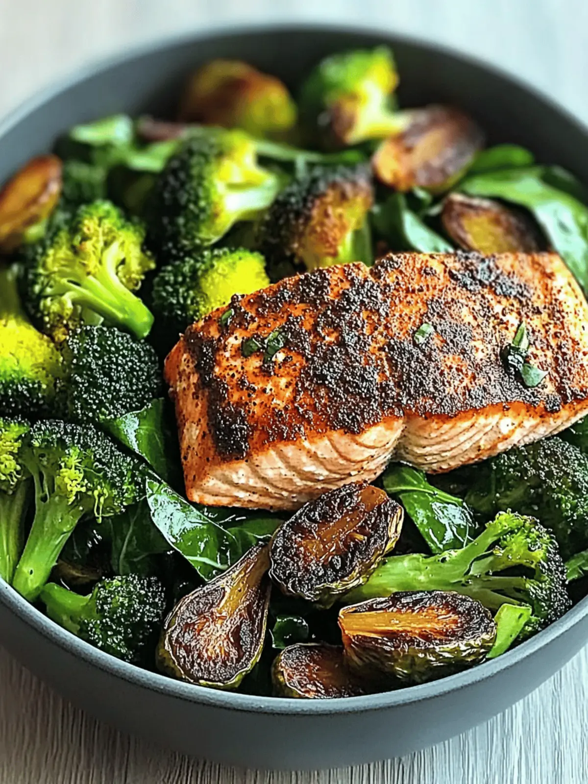 Savory Spiced Salmon Bowl with Brussels and Greens Delight 2 Spiced Salmon Bowl with Roasted Brussels, Saut ed Greens & Steamed Broccoli
