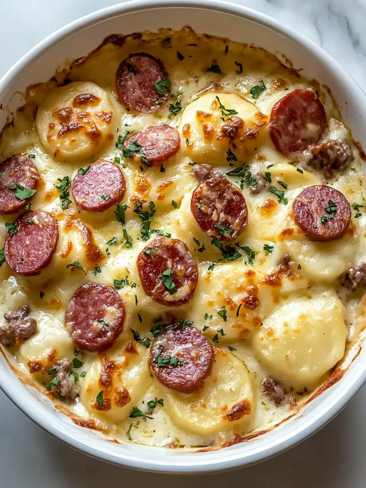 Creamy Cheesy Crockpot Pierogi & Beef Kielbasa Casserole