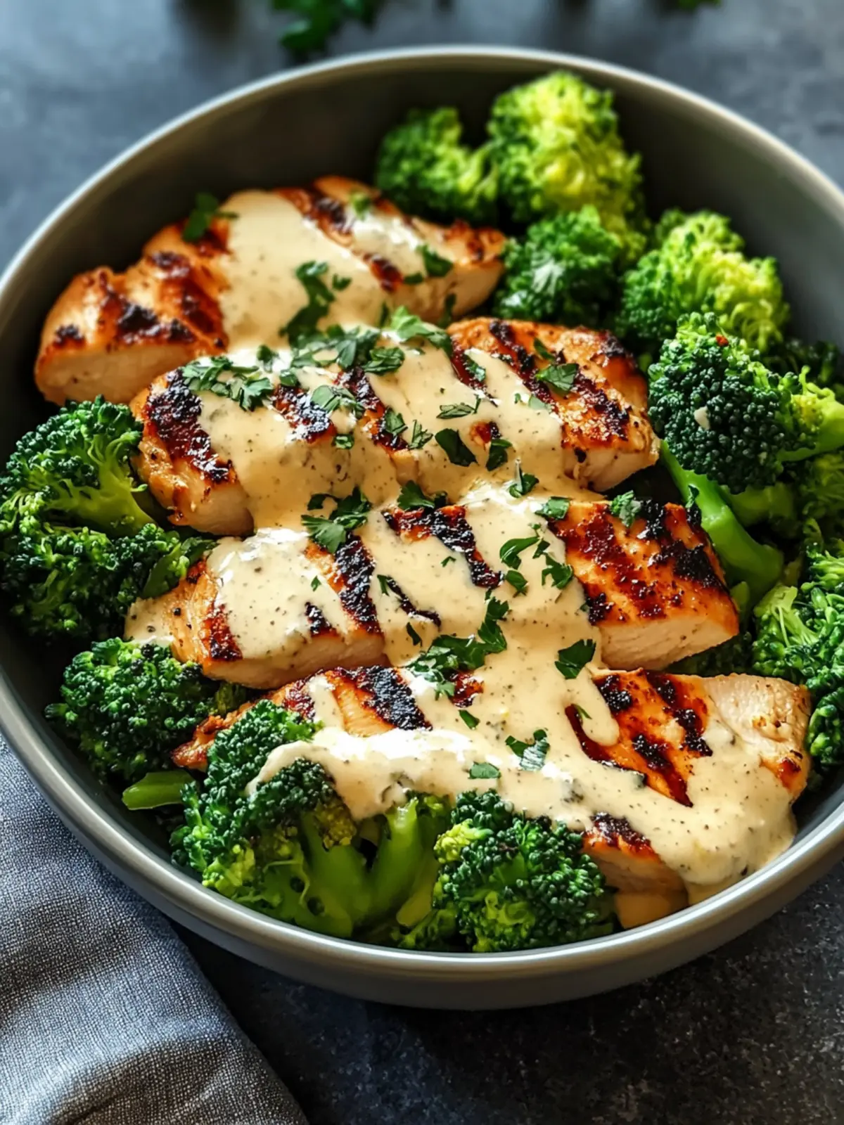 Grilled Chicken & Broccoli Bowls with Creamy Garlic Sauce