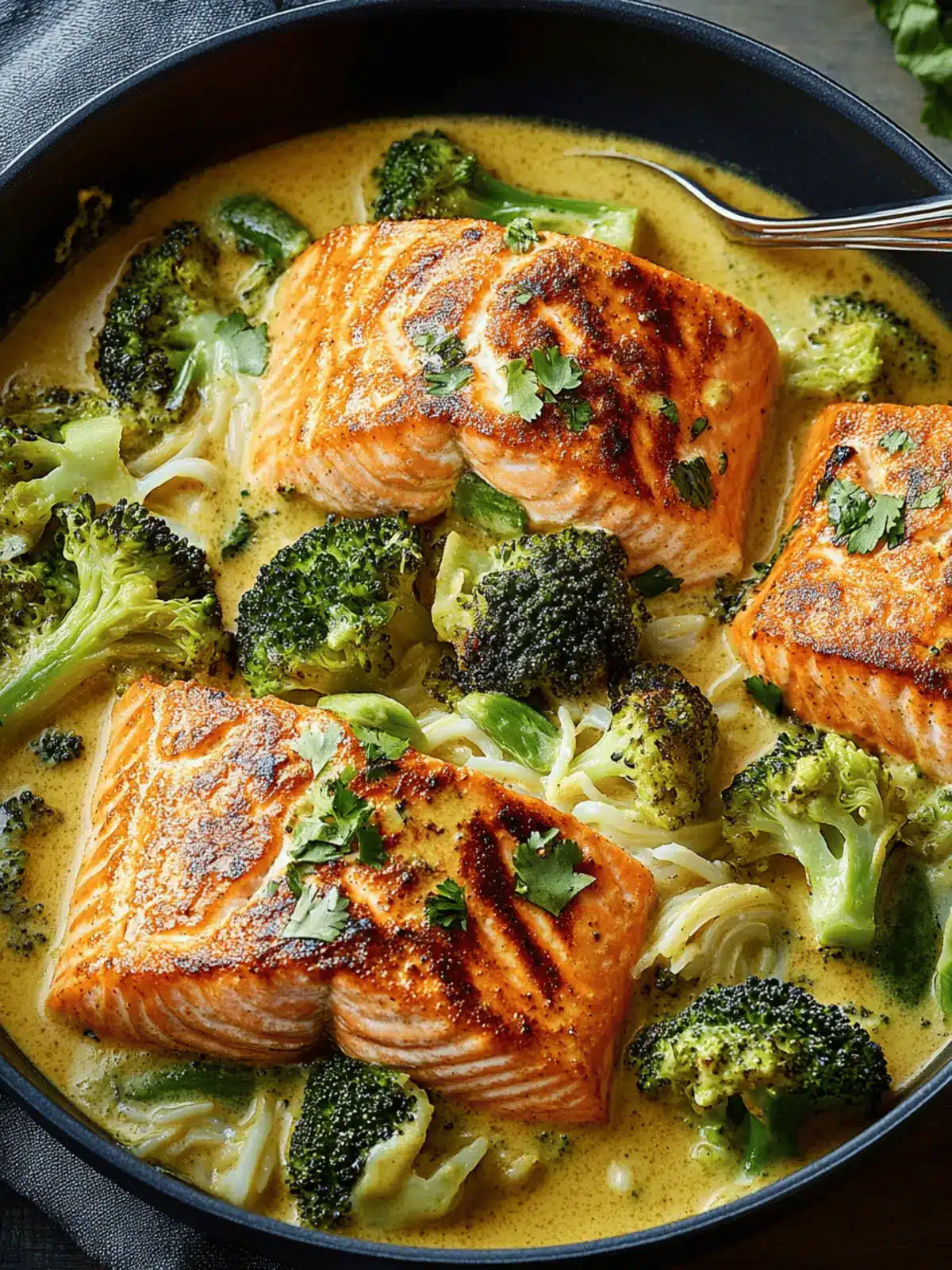 Creamy Coconut Curry Salmon with Tender Broccoli