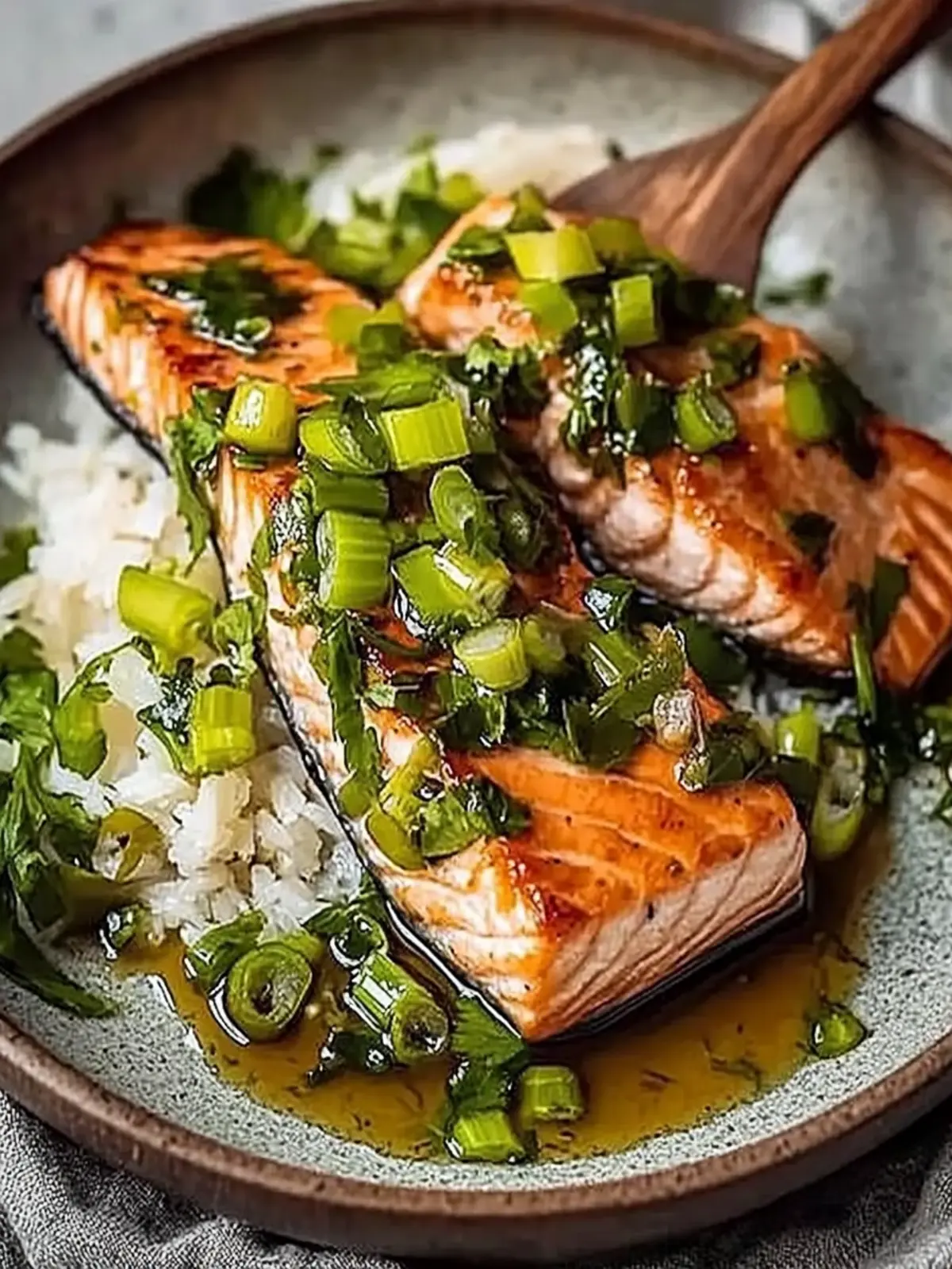 Miso Butter Salmon with Sizzled Scallion Salsa Verde