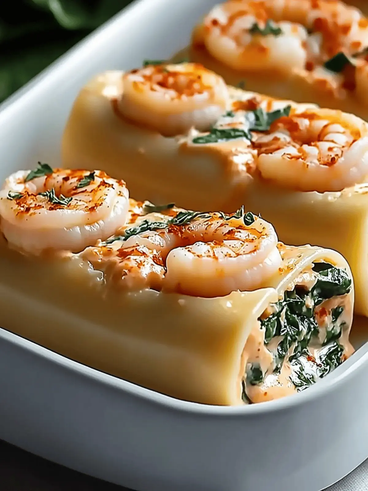 Shrimp and Spinach Stuffed Pasta Rolls with Roasted Red Pepper Cream