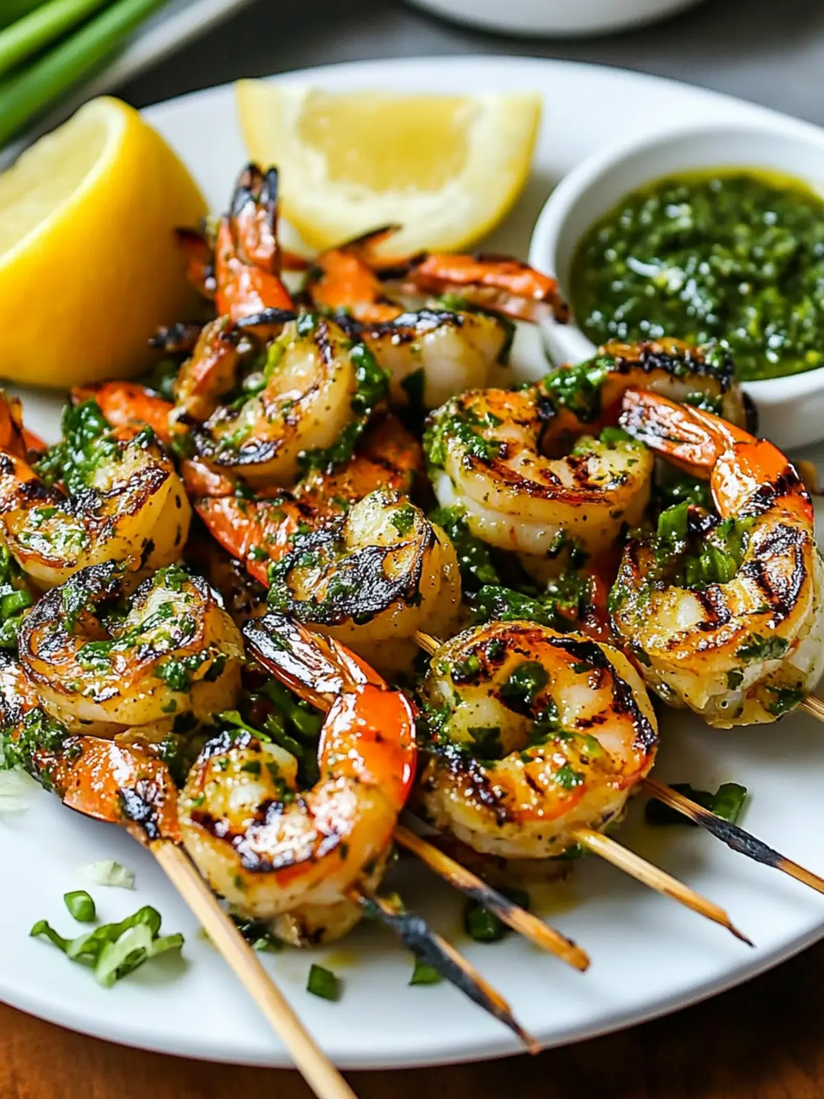 Spicy Grilled Gulf Shrimp Kabobs with Chimichurri over Grilled Garlic Scapes