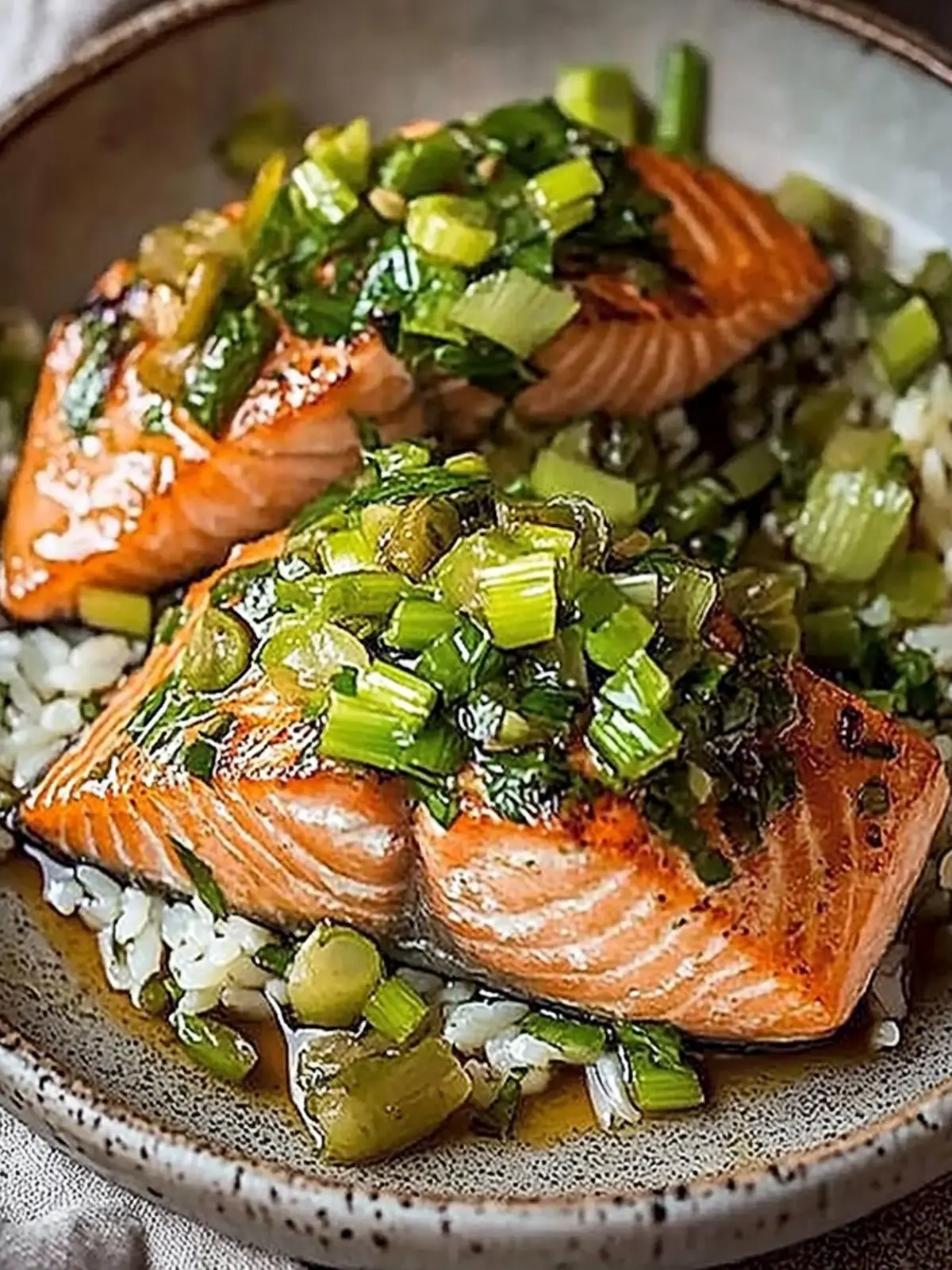 Miso Butter Salmon with Sizzled Scallion Salsa Verde