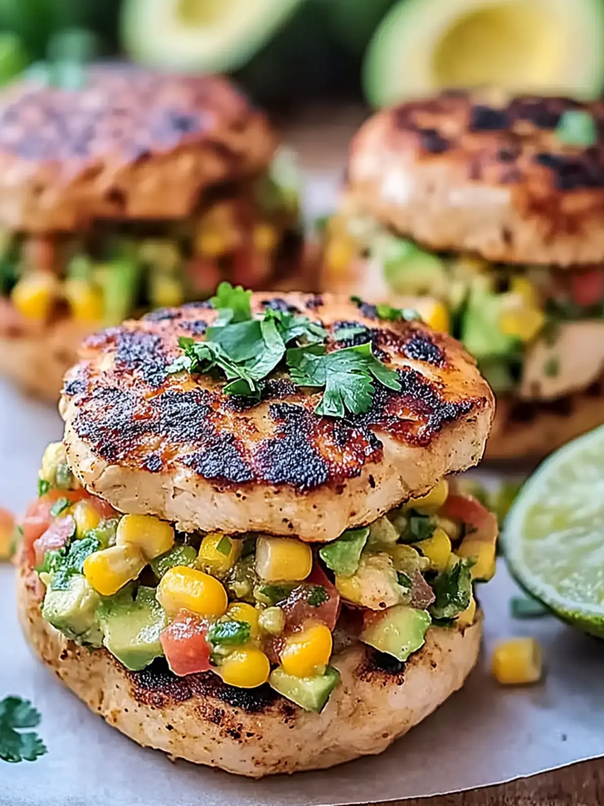 Chicken Burgers with Zesty Avocado Corn Salsa