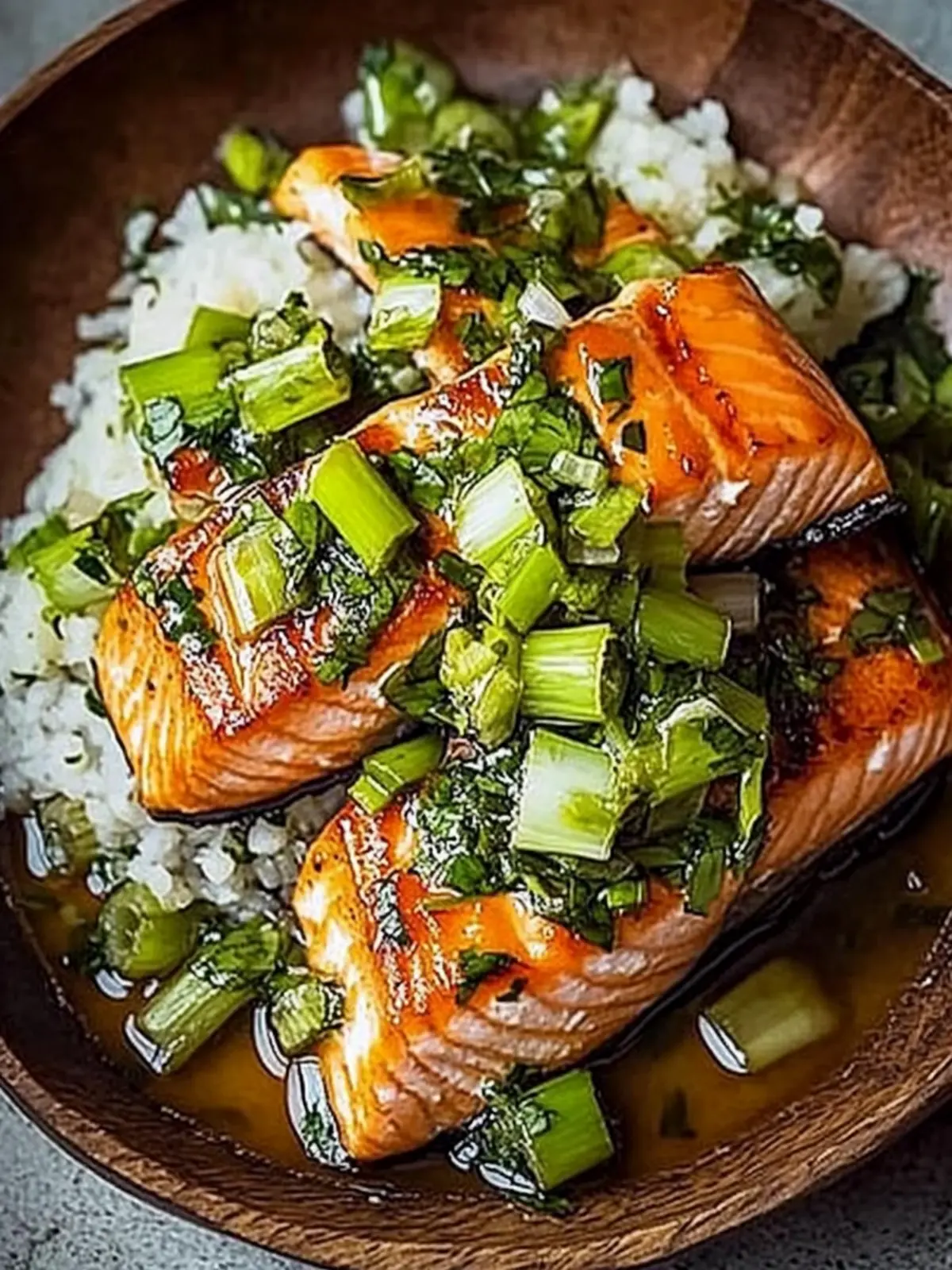 Miso Butter Salmon with Sizzled Scallion Salsa Verde