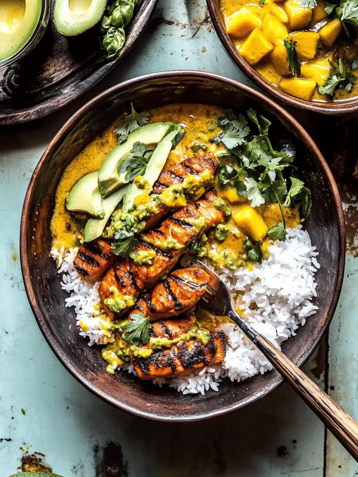 BBQ Salmon Curry with Mango Avocado Salsa