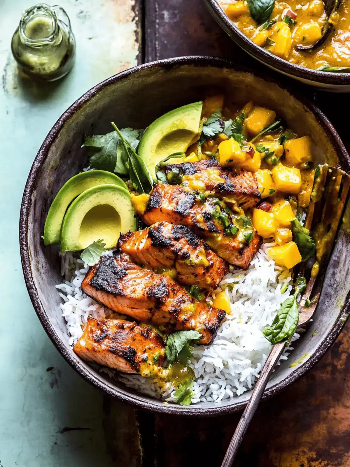 BBQ Salmon Curry with Mango Avocado Salsa