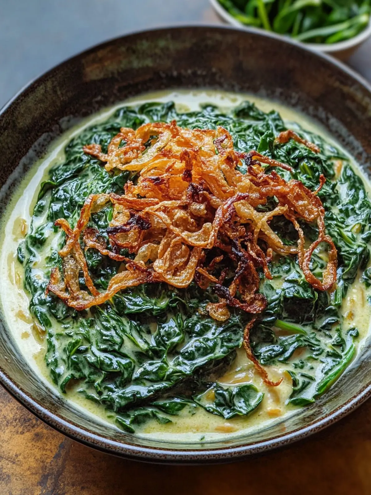 Creamed Spinach with Fried Shallots