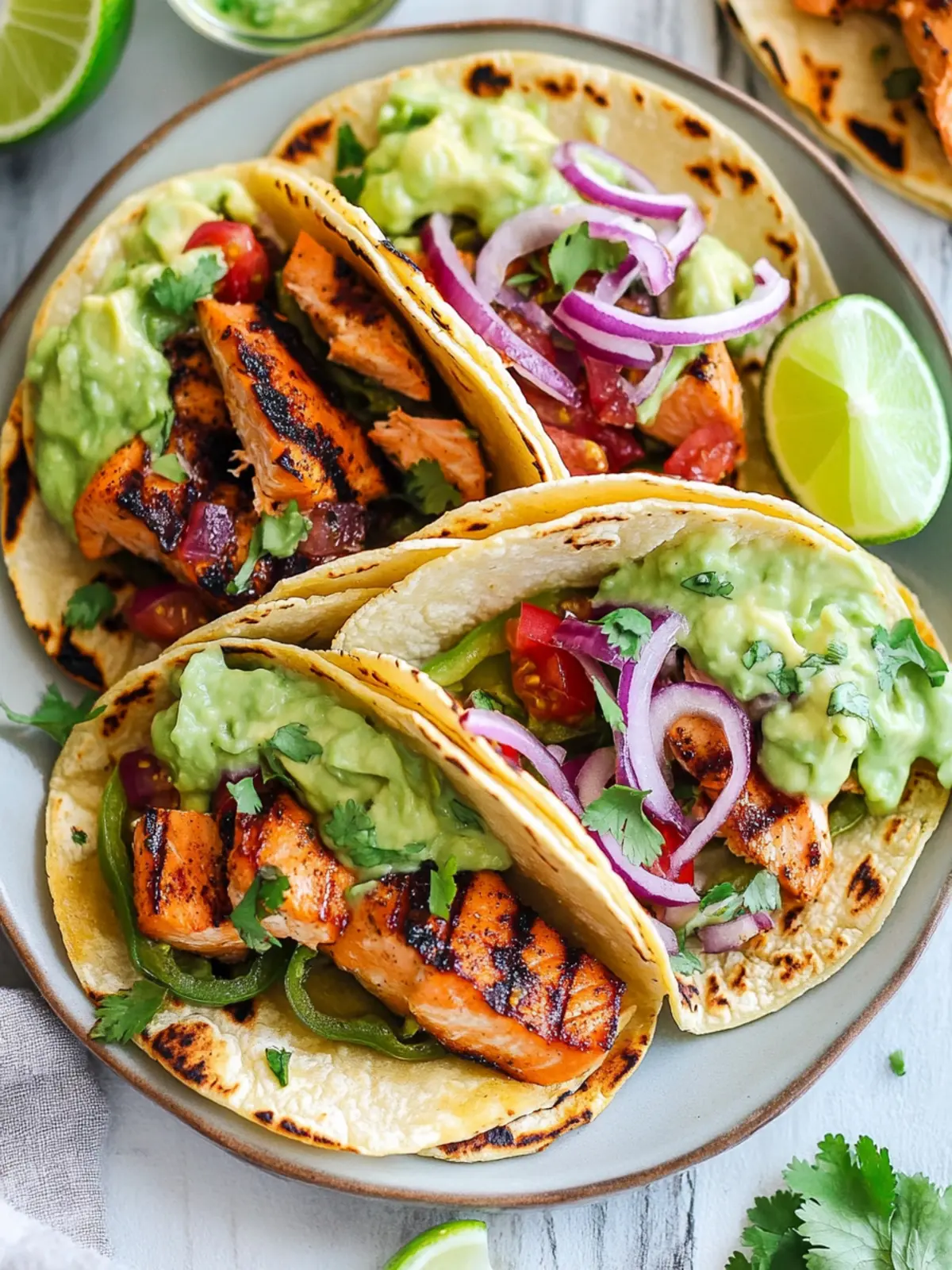 Savory Grilled Salmon Tacos with Avocado Crema Delight 4 Grilled Salmon Tacos with Avocado Crema