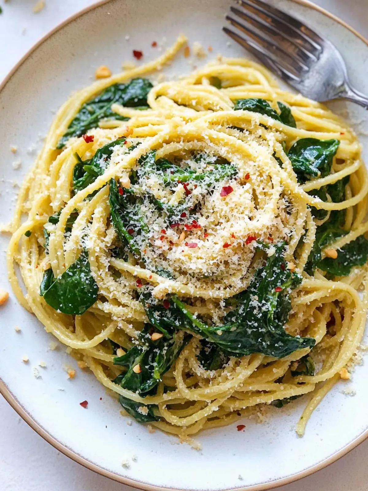 Spinach Spaghetti with garlic crumbs