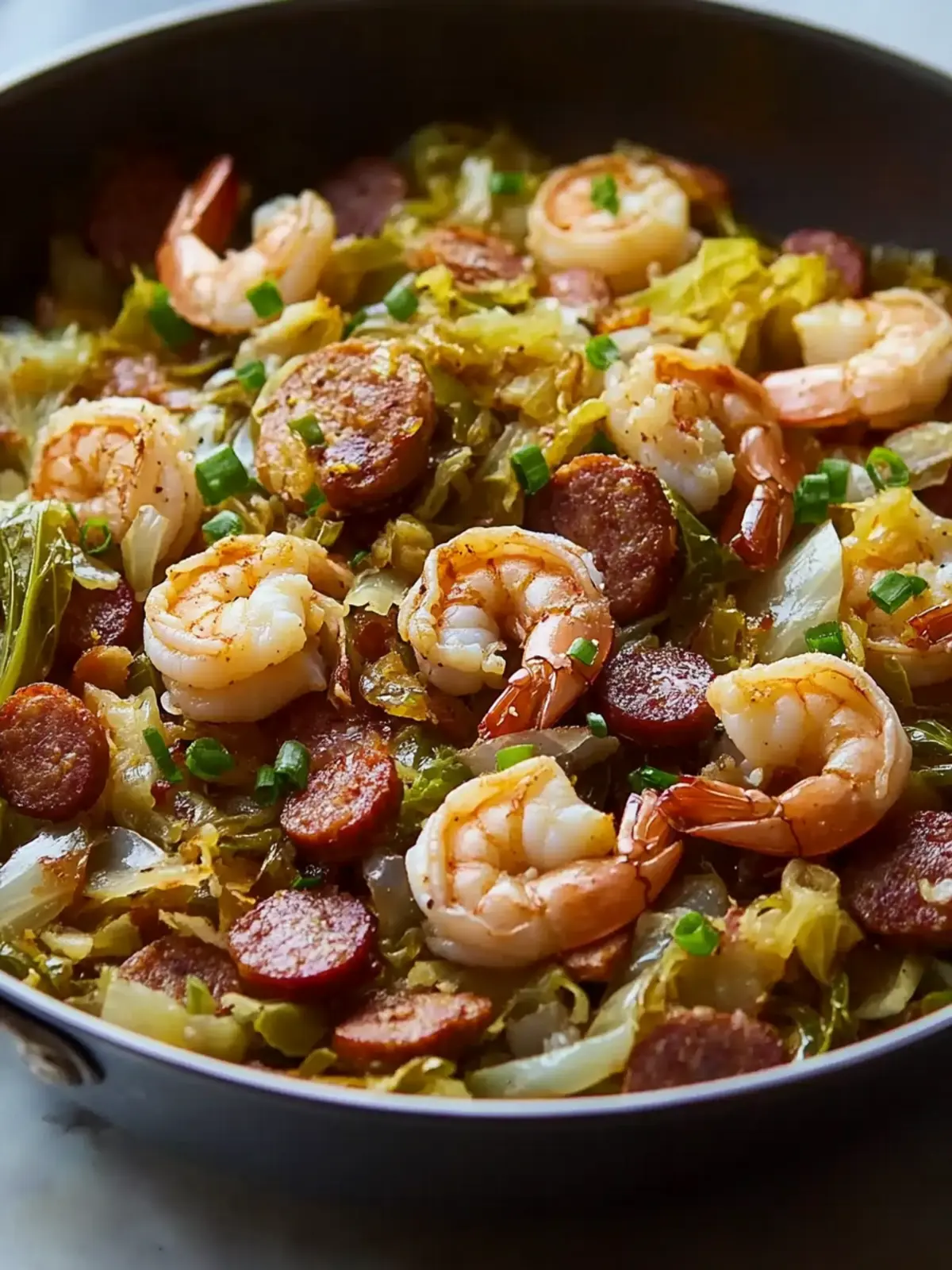 Fried Cabbage with Shrimp, Sausage & Bacon