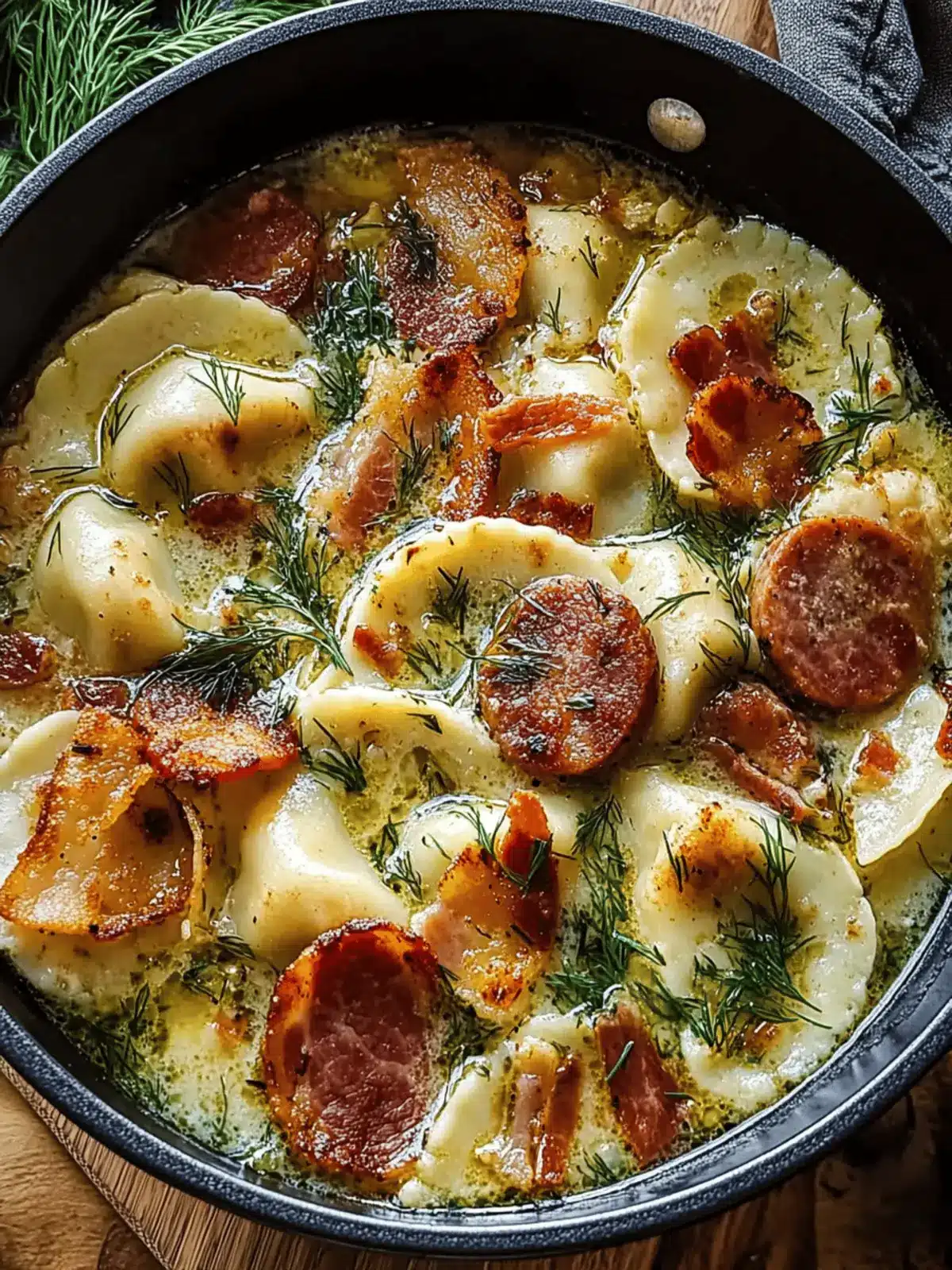 Smoky Pierogi Soup with Bacon, Chicken Sausage & Dill Oil