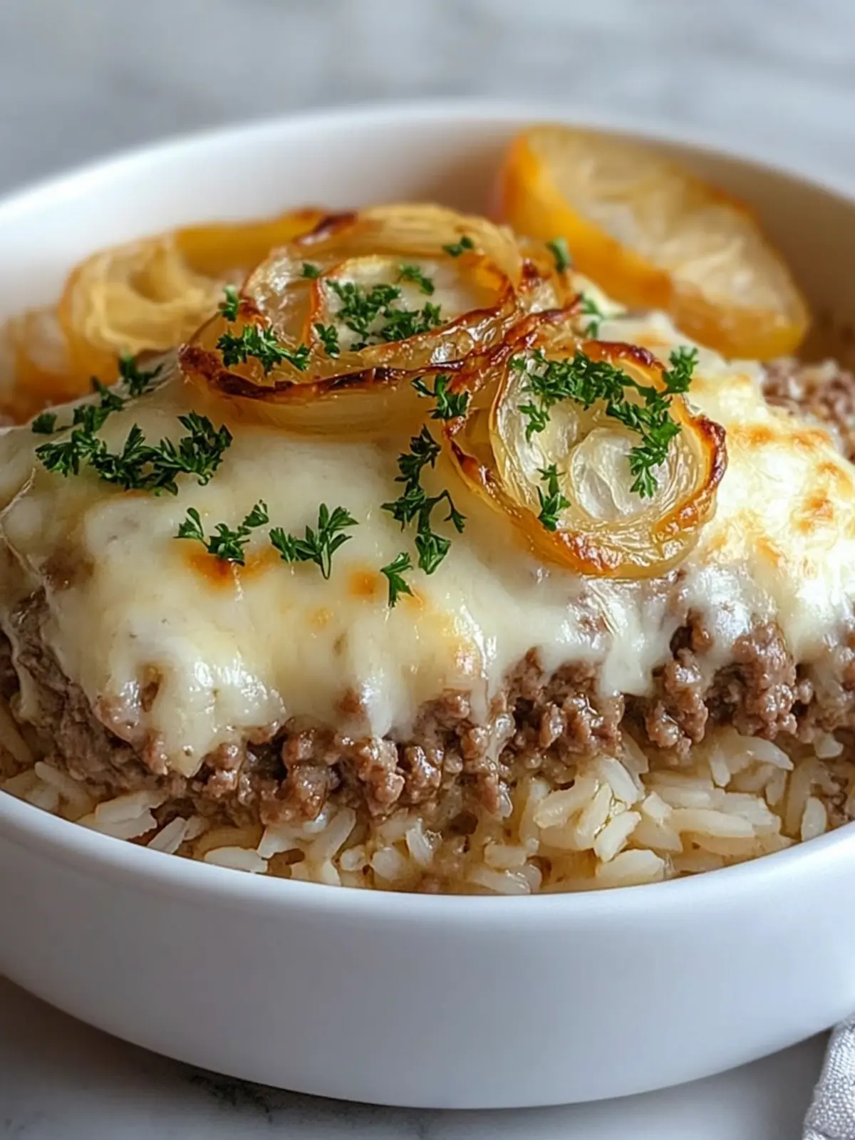 French Onion Ground Beef and Rice Casserole