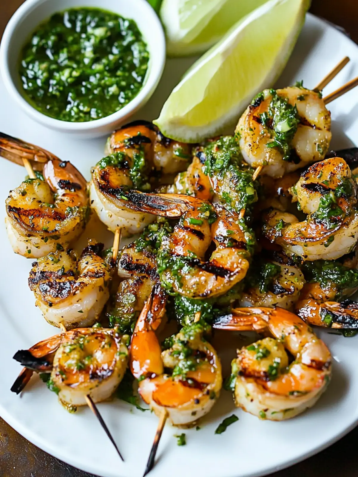 Spicy Grilled Gulf Shrimp Kabobs with Chimichurri over Grilled Garlic Scapes