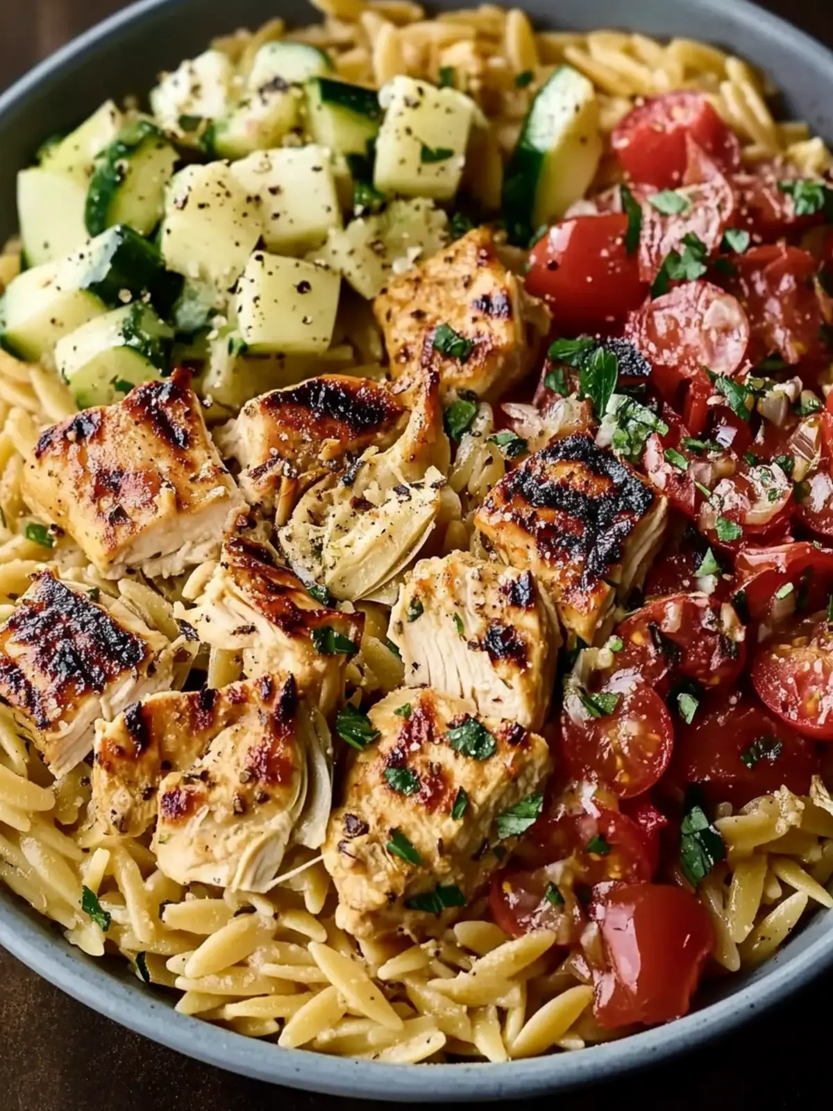 Greek Chicken Orzo with Artichokes & Fresh Vegetables