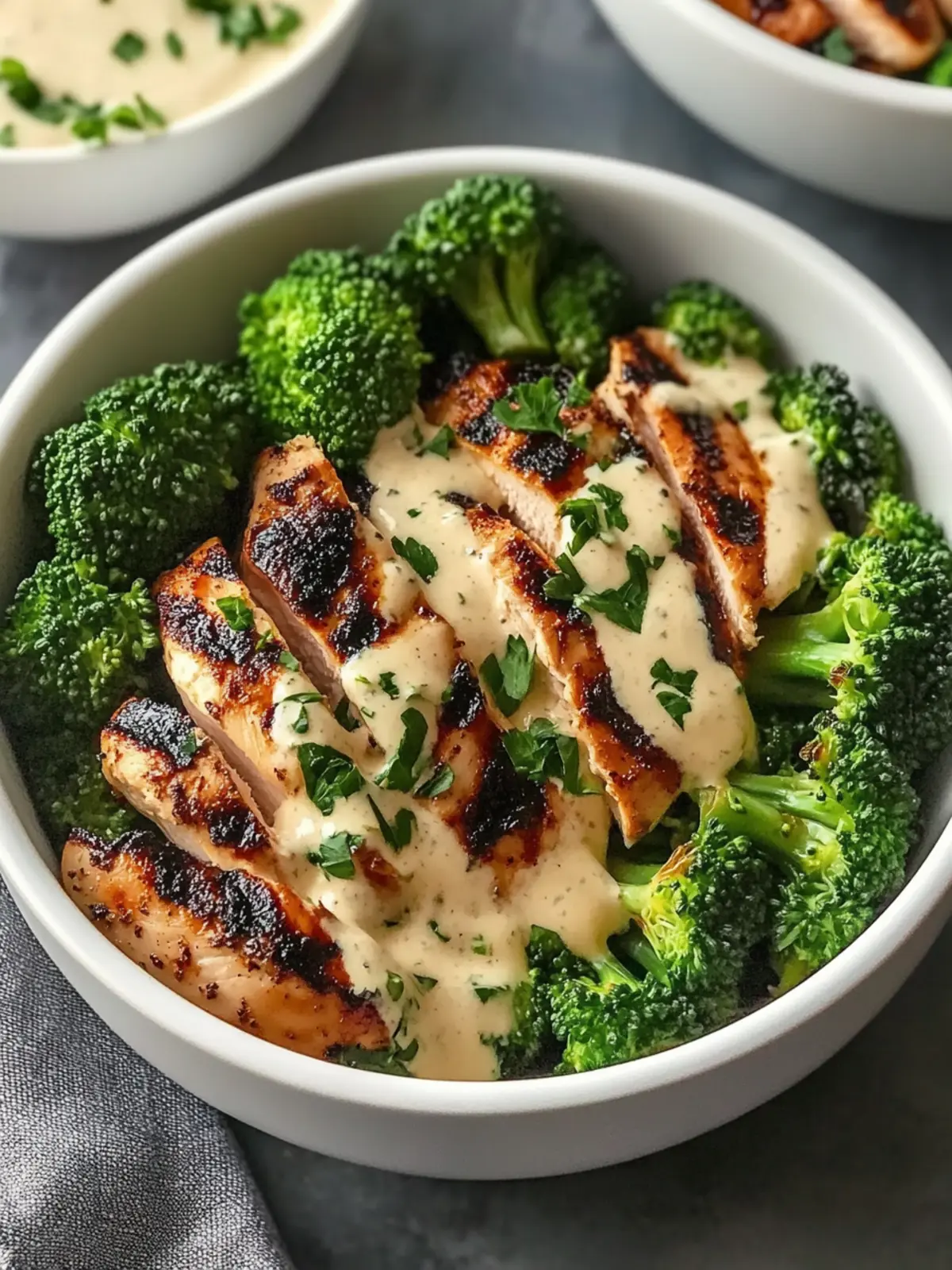 Grilled Chicken & Broccoli Bowls with Creamy Garlic Sauce