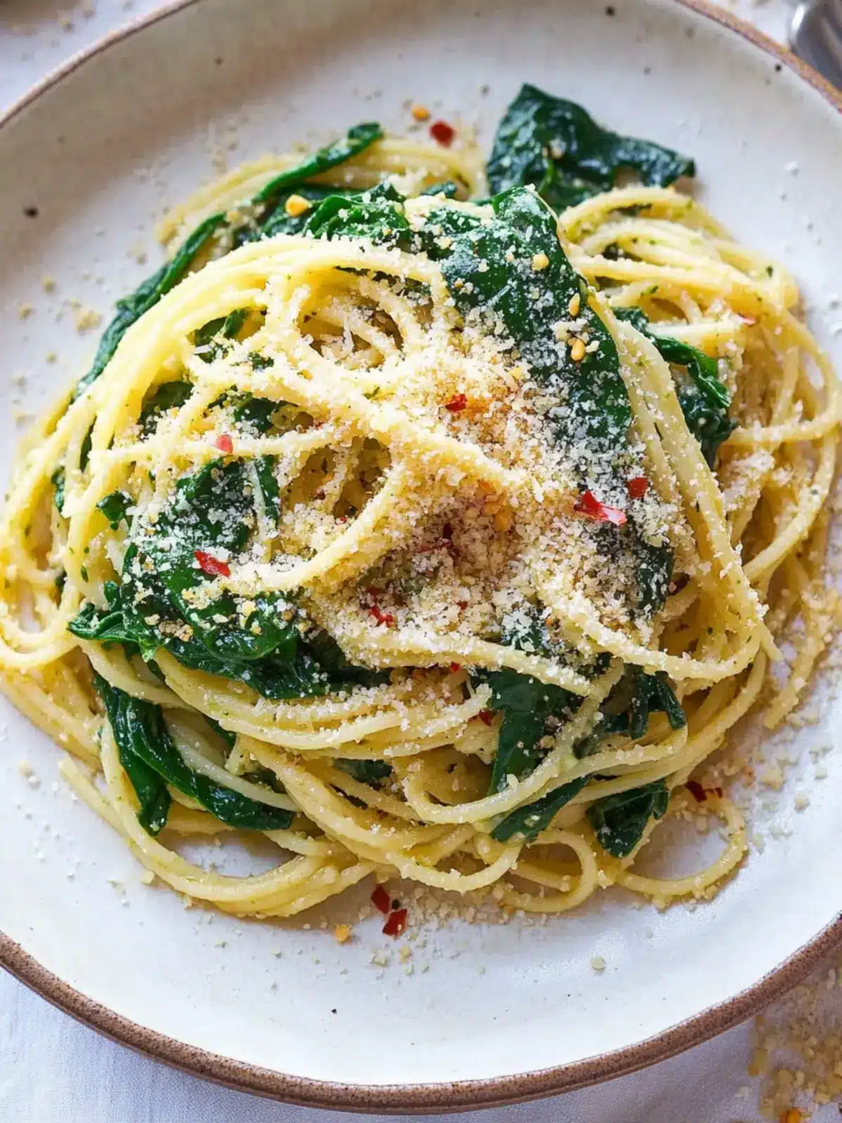 Spinach Spaghetti with garlic crumbs