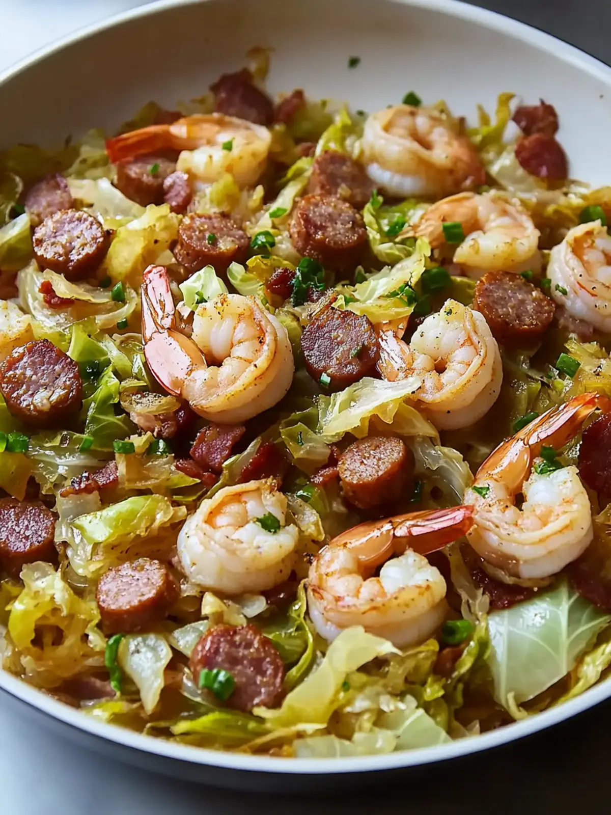 Fried Cabbage with Shrimp, Sausage & Bacon