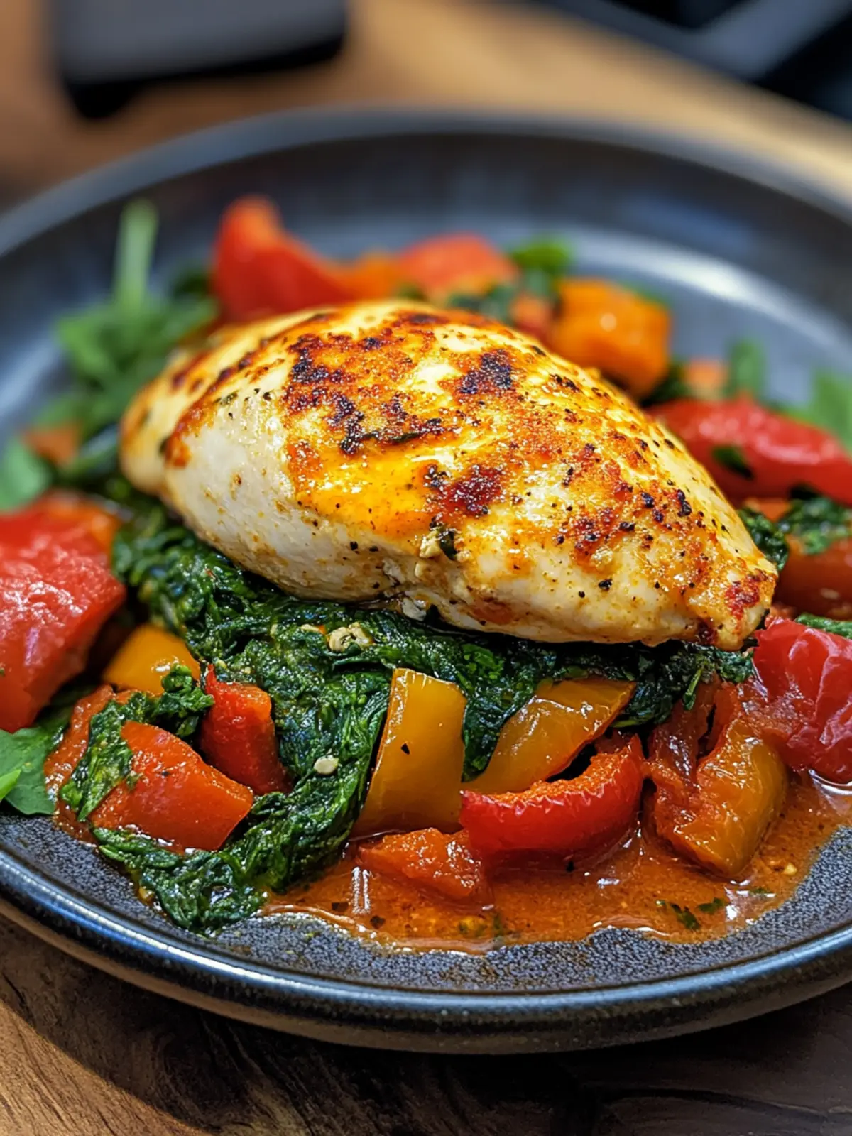Spinach Stuffed Chicken Breast with Roasted Bell Peppers Bliss 3 spinach stuffed chicken breast with Roasted Bell Peppers
