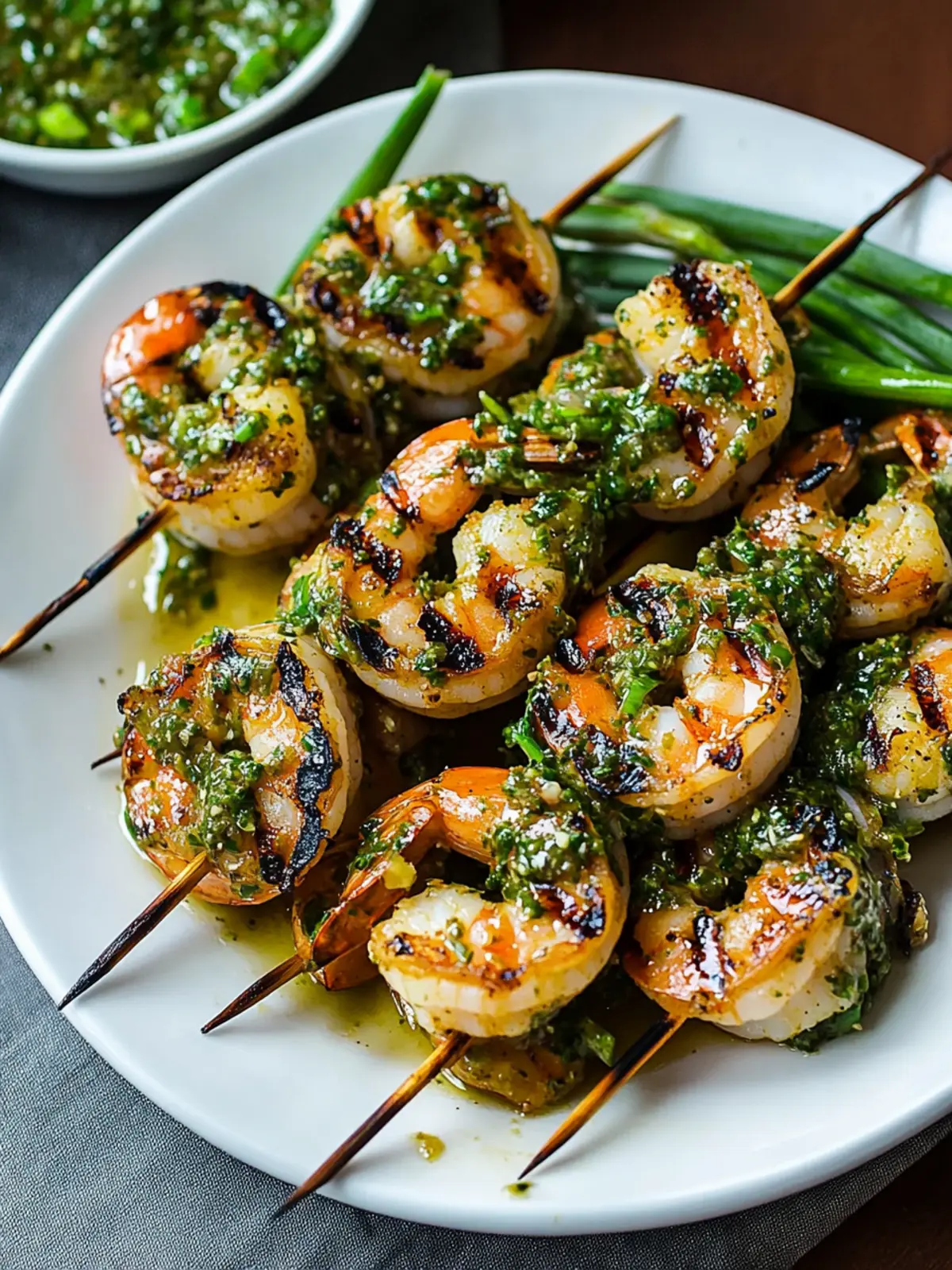 Spicy Grilled Gulf Shrimp Kabobs with Chimichurri over Grilled Garlic Scapes
