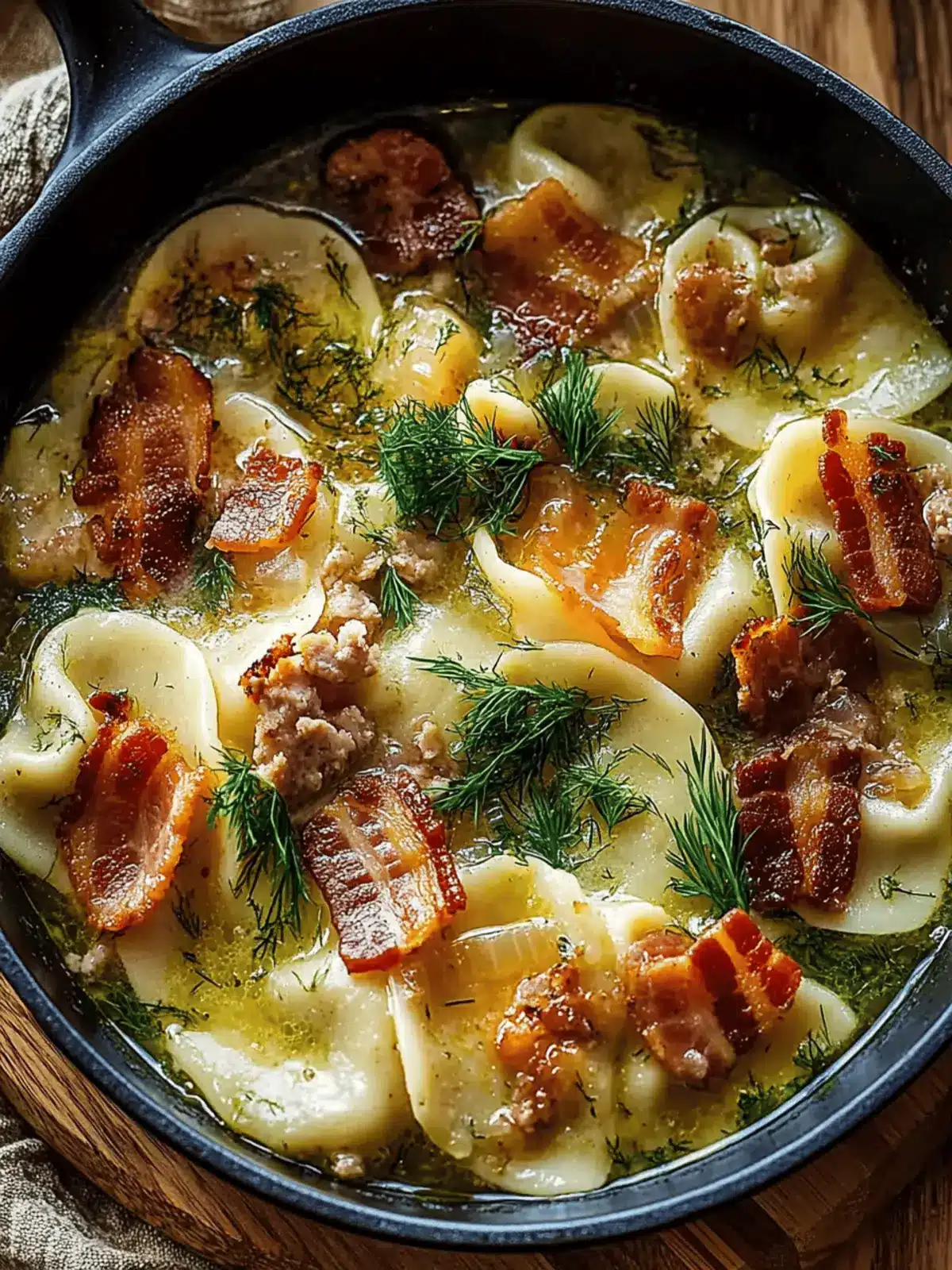 Smoky Pierogi Soup with Bacon, Chicken Sausage & Dill Oil