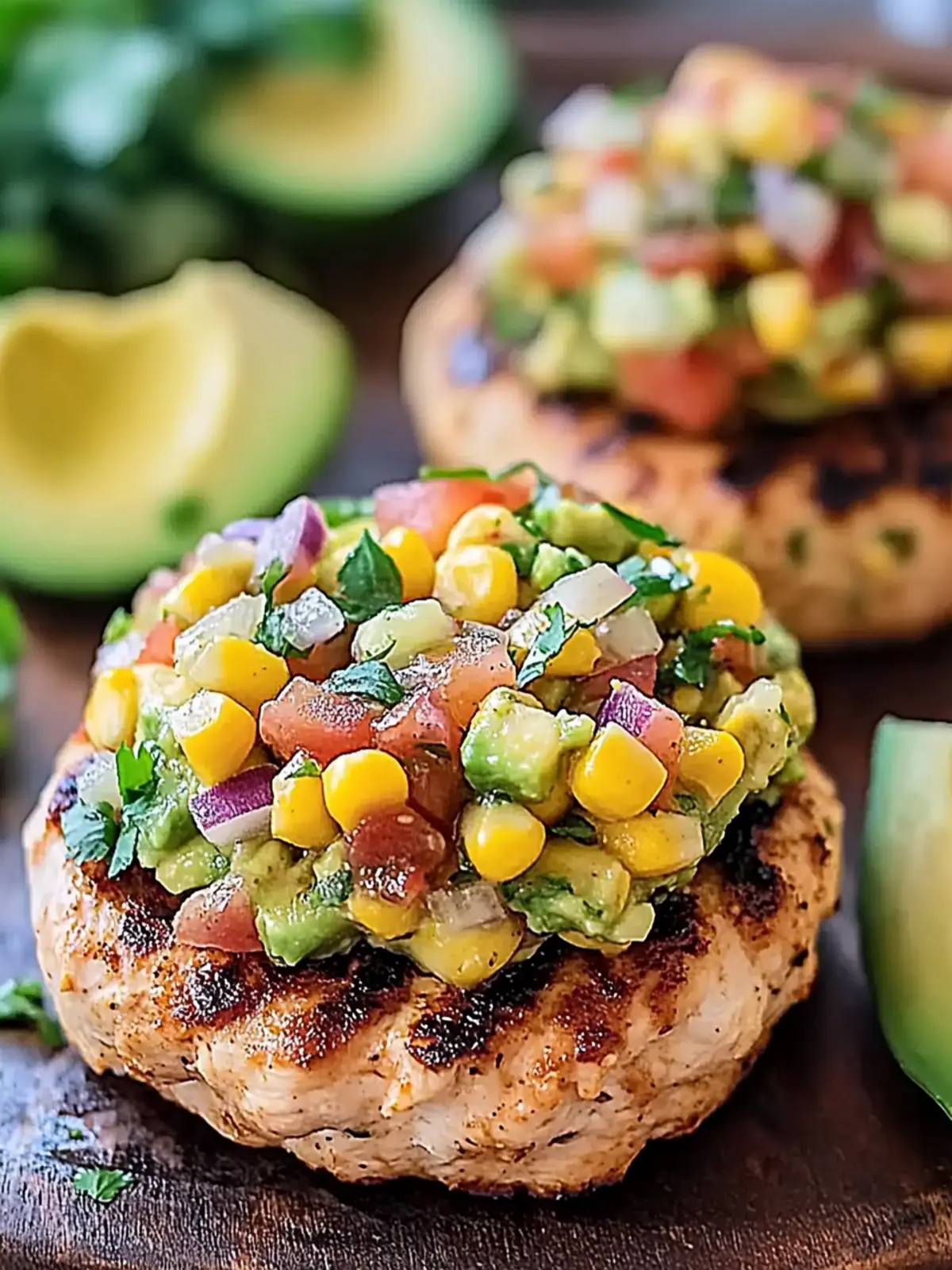 Chicken Burgers with Zesty Avocado Corn Salsa